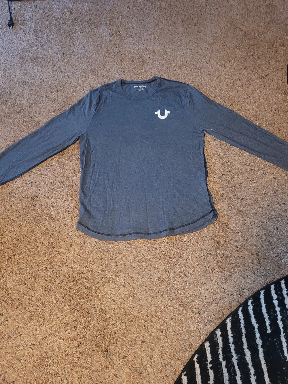 True Religion Men's Long Sleeve Crew Tee - Charcoal Gray with White Logo